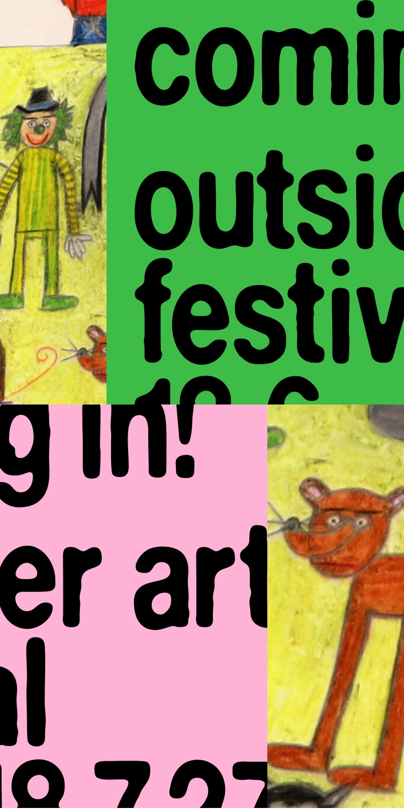 Collage aus Bildern des outsider art festivals und Schriftkacheln mit dem Festivaltitel